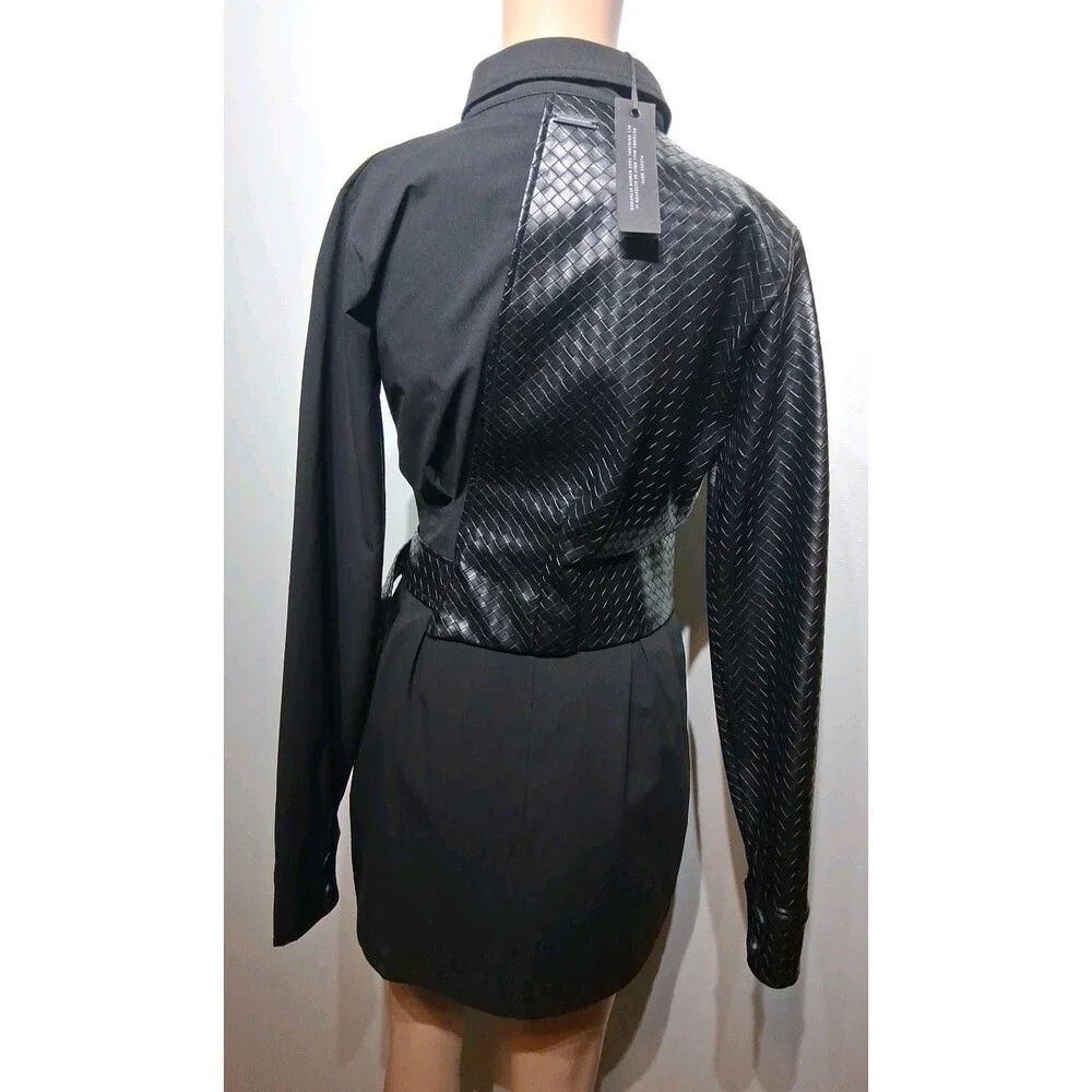 Maniere De Voir Black Woven Vegan Leather Overlay Shirt Dress Size 2 NWT - Picture 5 of 9